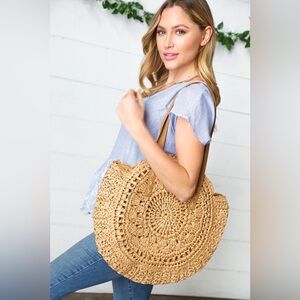 Tan Braided Raffia Circle Lined Tote Bag